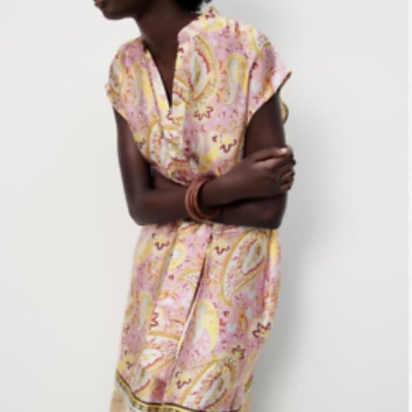 ZARA Floral Paisley Satin Kaftan Tunic Dress  Pink & Gold Women Small  Boho  NWT - Picture 2 of 14